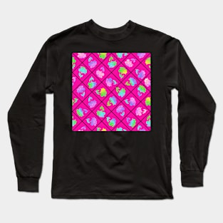 Window Pane Diagonal Floral Black Line on Hot Pink Long Sleeve T-Shirt